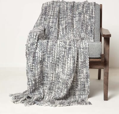 Homescapes Ophelia plaid / deken 125 x 150 cm - plaid met franjes, grijs gemêleerd