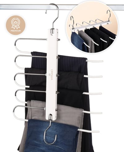VITAMO™ Premium 5-in-1 Broekenhanger - Kledinghanger - Broekhanger - Ruimtebesparend Antislip Klerenhanger voor 5 Broeken - Kledingrek - Wit - Cadeautip