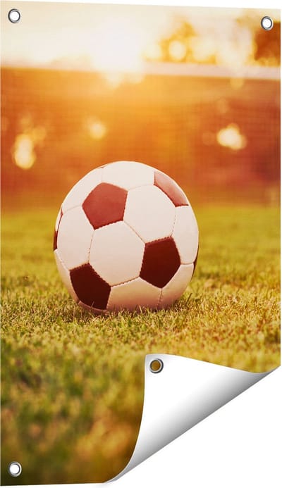 Gards Tuinposter Voetbal met Goal tijdens Zonsondergang - 40x60 cm - Tuindoek - Tuindecoratie - Wanddecoratie buiten - Tuinschilderij