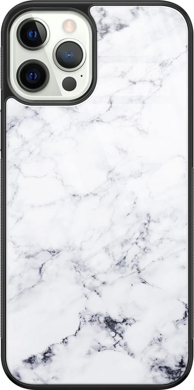 Hoesje geschikt voor iPhone 12 Pro - Marmer grijs - Luxe Glazen Hardcase - Marmer - Grijs - Leuke Telefoonhoesjes