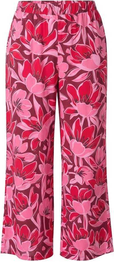 MIAMODA - Dames - Broek recht wijde pijp bloemmotief - Donker wijnrood - Maat 42