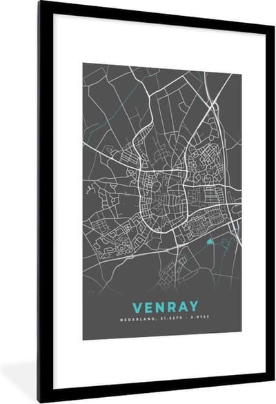 Fotolijst incl. Poster - Stadskaart - Venray - Grijs - Blauw - 80x120 cm - Posterlijst - Plattegrond