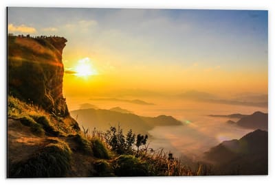 Dibond - Zonsondergang bij de Bergen - 60x40cm Foto op Aluminium (Met Ophangsysteem)