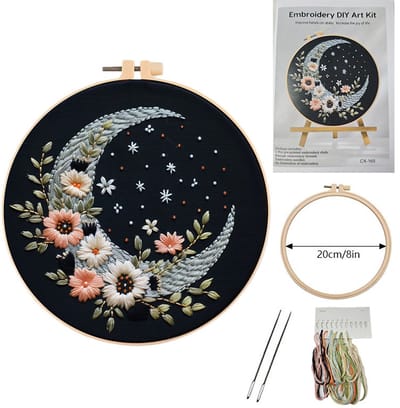 Borduurset Zilveren Maanbloem – Beginners/Volwassenen – Gedrukt Patroon, Ring, Garen & Gereedschap-Belle's product