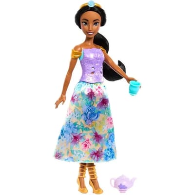 Mattel Disney Princess spin en reveal Jasmine. Open eerst de bloem en ontdek een speelscène met mysterieuze silhouetten. Tienerpoppen