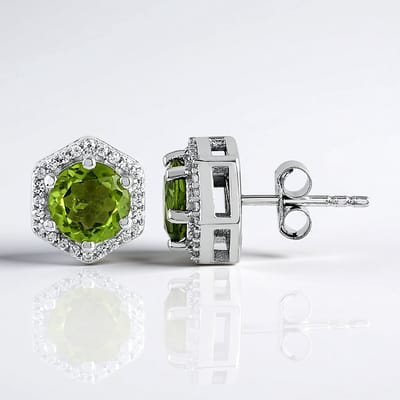 Cavill - Zilveren Zeshoekige Oorbellen - 925 Sterling Zilver met Platina Plating - 2,257 Ct Groene Peridoot & 0,319 Ct Zirkonia - Elegante Studs Dames
