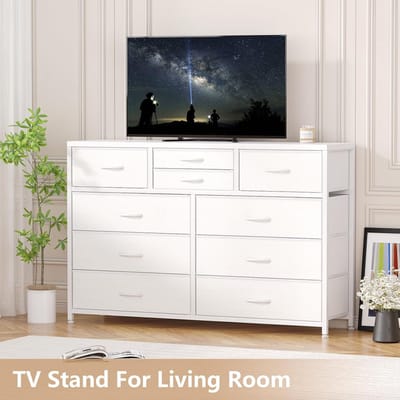 Tv-meubel-Grote ladekast met 10 laden- stoffen blad- houten afwerking- stalen frame– ladekast of tv-meubel voor slaapkamer- woonkamer-hal of kleedkamer– Wit leer