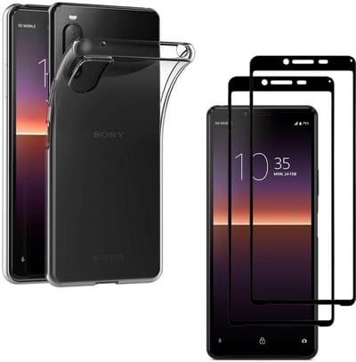 Hoesje Ultraslank geschikt voor Sony xperia 10 II backcover siliconen Transparant en 2 stuks ScreenProtector Gehard Glas met zwarte randen