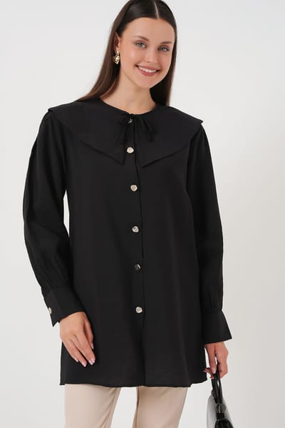 Lange Losse Blouse met Babykraag en Strikdetail
