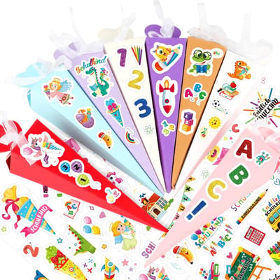 BRENZOOS- Schoolzakjes 32 stuks - Snoepzakken - Geschenkdozen - Eerste schooldag - Doe-het-zelf stickers - Creatief ontwerp