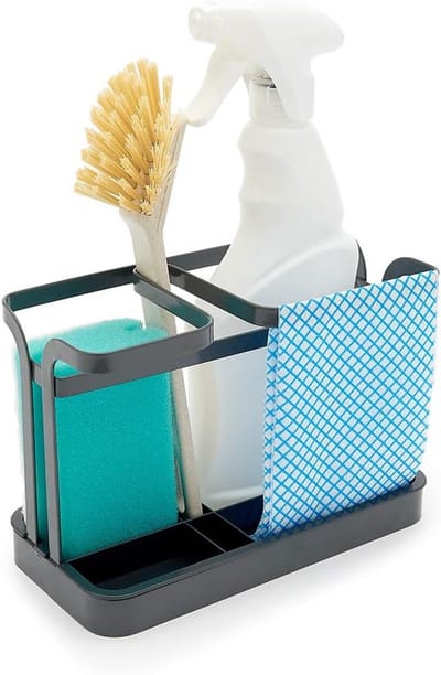 Famanu – Opbergbakje gootsteen/Caddy – Retro-aanrechtorganizer Van plat staaldraad – Grijs Gepoedercoat Staal
