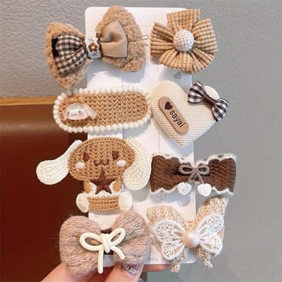8/9 stuks/set Pluche haarspelden Schattige kleurrijke gebreide bloemen Ruitjes Vruchten Haarspelden Haarclip voor haaraccessoiresets white