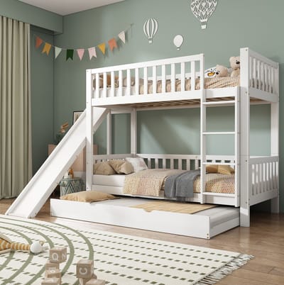 MEUNIQ stapelbed 90x200 met uitschuifbaar rolbed 90x190, glijbaan, 4-trede rechte ladder en uitvalbeveiliging, kinderbed voor kinderkamer, wit