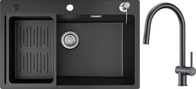 CECIPA max Granieten Spoelbakken Zwart - 70x45cm Grantien Spoelbakken met Keukenkraan Met Uittrekbare Uitloop - Enkele spoelbak met afdruiprek -Spoelbakken met Afdruip -