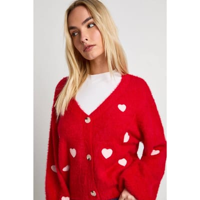 boohoo Dames Oversized gebreide cardigan met pluizig breiwerk en hartjesborduur | Red | Maat: Small
