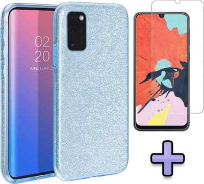 HB Hoesje Geschikt voor Samsung Galaxy A41 - Blauw - Glitter Back Cover + Tempered Glazen Screenprotector