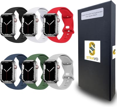 Stravo Set van 6 Siliconen Horlogebandjes – Geschikt voor Apple Watch 42mm (Series 11/10), 41mm (Series 9/8/7), 40mm (Series 6/5/4, SE 3/2/1), 38mm (Series 3/2/1) – Sport Bandjes – Zwart/Donkerblauw/Wit/Grijs/Rood/Groen