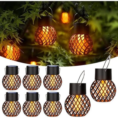 GELLDG 8 Stuks Hanglampen voor Buiten - Kleine Hangende Bolvormige Lampen - Waterdicht Solarlampen met Flakkerend Vlam Effect - Geschikt voor Tuin, Terras, Hek en Boom - Metaal - Complete Set voor Buitenverlichting