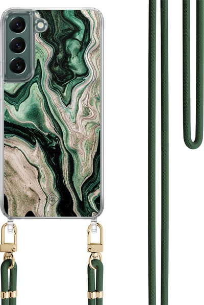 Casimoda® hoesje met koord - Geschikt voor Samsung S22 - Groen marmer / Marble - Afneembaar koord - TPU/polycarbonaat - Groen