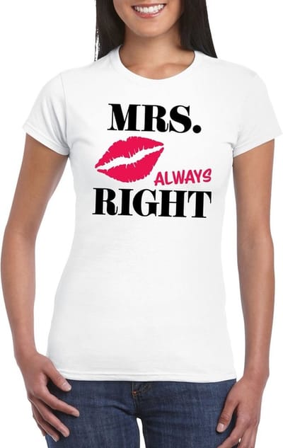 Mrs. Always Right t-shirt wit - dames - vrijgezellenfeest shirt / bruiloft cadeau S