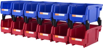 12-Pack Kunststof Opbergbakken, 11“ X 5” X 5” Hangende Stapelbare Organizerbakken, Duurzaam voor Kast, Keuken, Kantoor, voorraadkast, Blauw/Rood