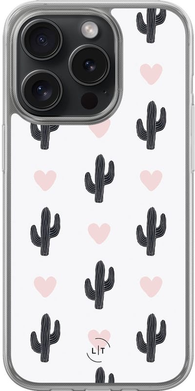 Hoesje geschikt voor iPhone 15 Pro - Cactus hartjes - 2in1 backcover - Planten - Wit - Leuke Telefoonhoesjes