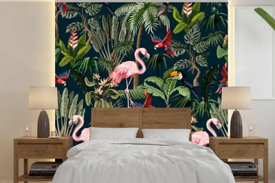 Behang - Fotobehang Jungledieren - Patroon - Kinderen - Flamingo - Papegaai - Kids - Breedte 240 cm x hoogte 240 cm