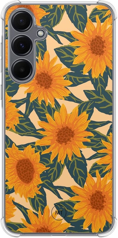 Hoesje (shockproof) geschikt voor Samsung Galaxy A15 - Zonnebloemen - Extra sterke case - TPU/polycarbonaat - Bloemen - Oranje, Transparant