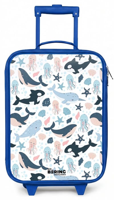 NoBoringSuitcases.com® - Kinderkoffer blauw - Kindertrolley jongen - Oceaan dieren kleurrijk - Koffer kind lichtgewicht - Reiskoffer trolley voor kinderen - Koffertje met lichtgevende wieltjes - Rolkoffer