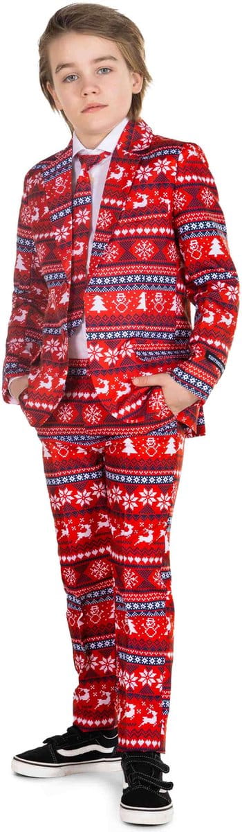Suitmeister Kids Nordic Pixel Red - Jongens Kerstpak - Kerst Kostuum - Rood - 4-6 jaar - Maat: S