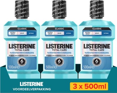 Listerine Total Care Tandsteenbescherming Intensief, mondspoeling, mondwater, intense munt, mondspoeling tegen tandsteen, met fluoride, dagelijkse mondhygiëne, 3x500 ml