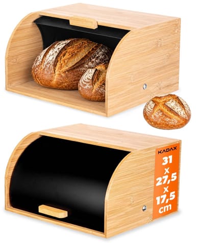 KADAX broodtrommel 31 x 28 x 18 cm van bamboe en roestvrij staal, broodbewaardoos, broodbak voor het bewaren van brood, broodbewaring (zwart/hout)