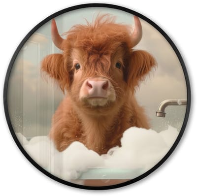 Poster in lijst Rond - Fotolijst 60x60 cm - Posters - Schotse hooglander - Bad - Schuim - Koe - Ronde posterlijst zwart - Decoratie - Wanddecoratie woonkamer - Muurdecoratie slaapkamer