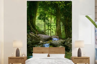 Behang - Fotobehang Jungle - Stenen - Water - Natuur - Planten - Breedte 225 cm x hoogte 350 cm