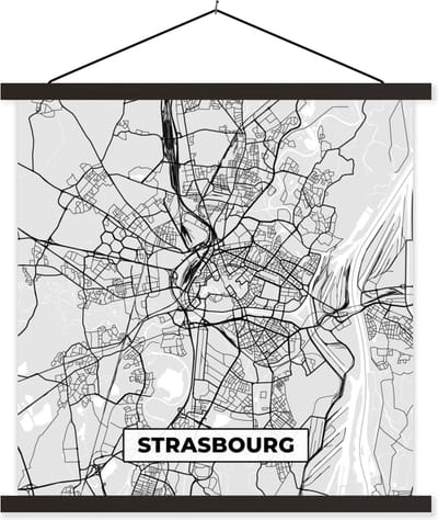 Posterhanger incl. Poster 60x60 cm - Schoolplaat - Plattegrond - Kaart - Stadskaart - Frankrijk - Strasbourg - Textielposter - Zwarte latten - Stadskaart