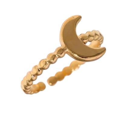 Aramat Jewels | Ringen | Damesring Verstelbaar – Open Ring met Maantje & Dots – One Size | Goudkleur | |10mm | Staal | Volwassenen | Verkleurd niet