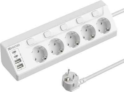 9-in-1 Hoekstopcontact met USB-C en USB-A, 5 Schakelbare WCD's en 2m Kabel
