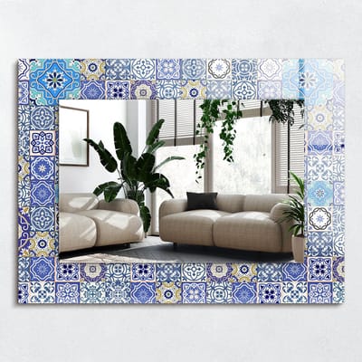 Wallfluent Spiegel - Marokkaanse Patronen Veiligheidsglas - 80x60 cm - Blauw Vierkante Spiegel - Spiegel met een sierlijk motief - Woonkamerspiegel - Inloopkastspiegel - Make-up Spiegel - Wanddecoratie Spiegel - Montageset