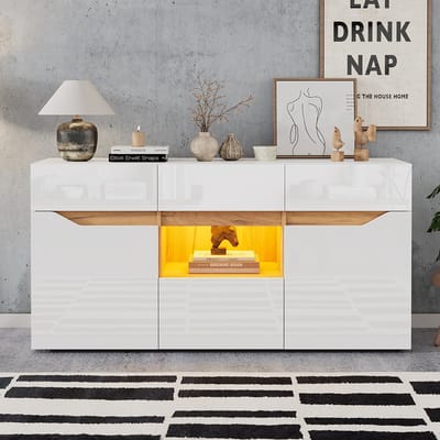 Pugsdrly Salonbuffet 140*40*70 cm, buffetten met 4 laden, kast met twee compartimenten, brede ladekast zonder handgrepen, multifunctioneel, bijzetmeubel voor glanzende bank met ledverlichting, wit + houtkleur