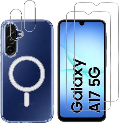 Samsung Galaxy A17 Hoesje backcover Shockproof siliconen Transparant met geïntegreerde magnetische cirkel + 2 gehard glazen screenprotectors + 2 Camera Protector van glas