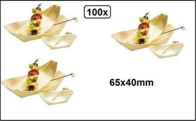 100x Houten bootje 65x40mm  - Amuse tapas snacks punt zak kerst restaurant diner festival feest party