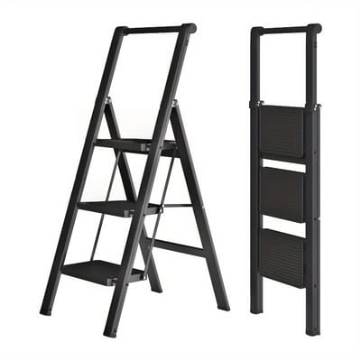 Huishoudtrap 3 treden met leuning - Zwarte inklapbare ladder - Stalen trapladder - Antislip pedalen - Voor binnen en buiten