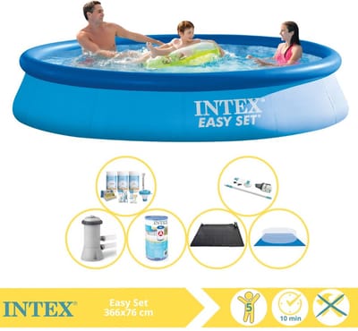 Intex Rond Opblaasbaar Easy Set Zwembad - 366 x 76 cm - Blauw - Inclusief Pomp - Onderhoudspakket - Filter - Grondzeil - Stofzuiger - Solar Mat - 7-delig