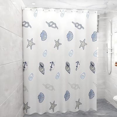 Mildew Bestendige Douchegordijn met Modepatroon - Semi-Transparant, Waterdicht PEVA Gordijn voor Badkamer, Inclusief 12 Haakjes, 200 x 180 cm (Blauwe Schelp)