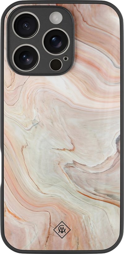 Casimoda® hoesje - Geschikt voor iPhone 16 Pro - Marmer Waves - Luxe Hard Case Zwart - Backcover telefoonhoesje - Bruin/beige