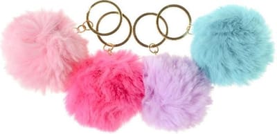 Pluizige sleutelhanger - Fluffy keychain - set van 4 stuks - 6 cm - Pompon - Pompom Lila Turquoise Fuchsia Roze