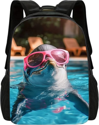 Grappige Rugzak | Dolfijnenpatroon Rugtas | Dolfijn Rugzak | Bril met Dolfijn Rugzak | Schattige Rugzak | Dieren Rugzak | Rugzak Meisjes | Rugzak Jongens | Mooie rugzakken met dolfijnen | 15 - 20 liter | Kinder Rugzak