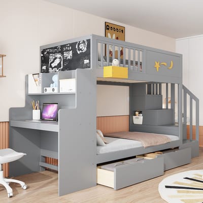 Stapelbed 90 x 200 cm - met opberglades en bureau - kinderbed met sterrenpatroon - grijs - zonder matras