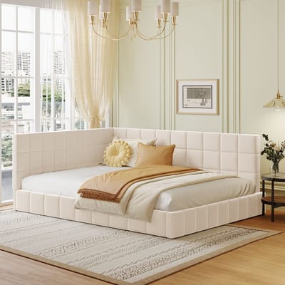 Sweiko Gewatteerde Slaapbank 140x200cm Multifunctioneel bed, Platte voet, Huidvriendelijk Fluwelen stof Beige