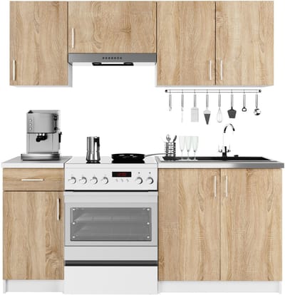 Complete Keuken, Keukenmeubelset LIMA 180 cm breed / Keukeneenheid zonder apparatuur / Wit – Sonoma Eik / 180 x 203 x 44,5 cm